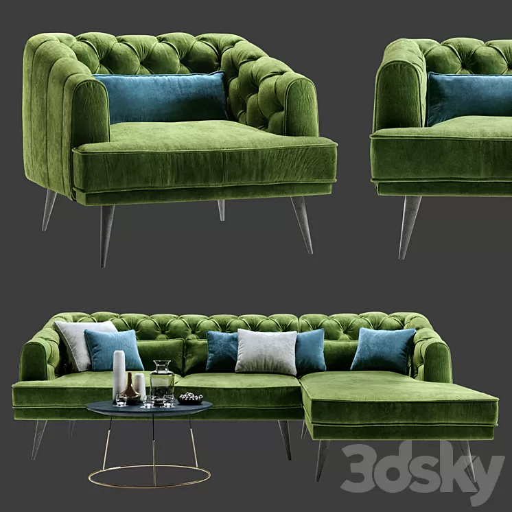 Earl Gray Corner Sofa with Chaise and Armchair 3D Model