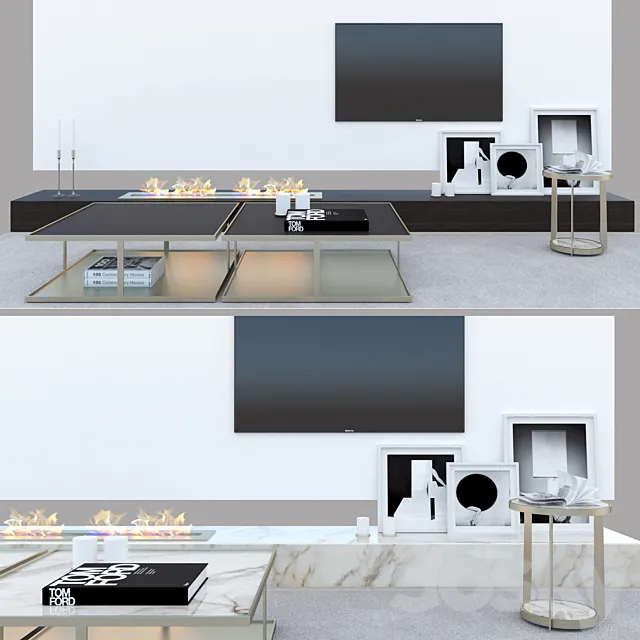 Electric Fireplace wall with TV and decoration and Minotti Huber 3D Model