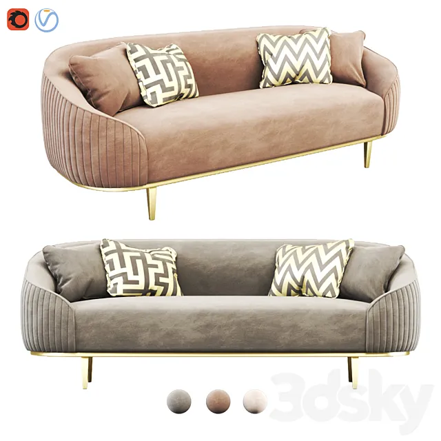 Ella Three Seat Sofa - Chalk - Brass Base 3D Model