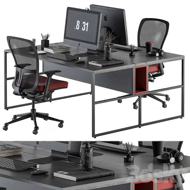 employee Set Red and Black - Office Furniture 245 3D Model