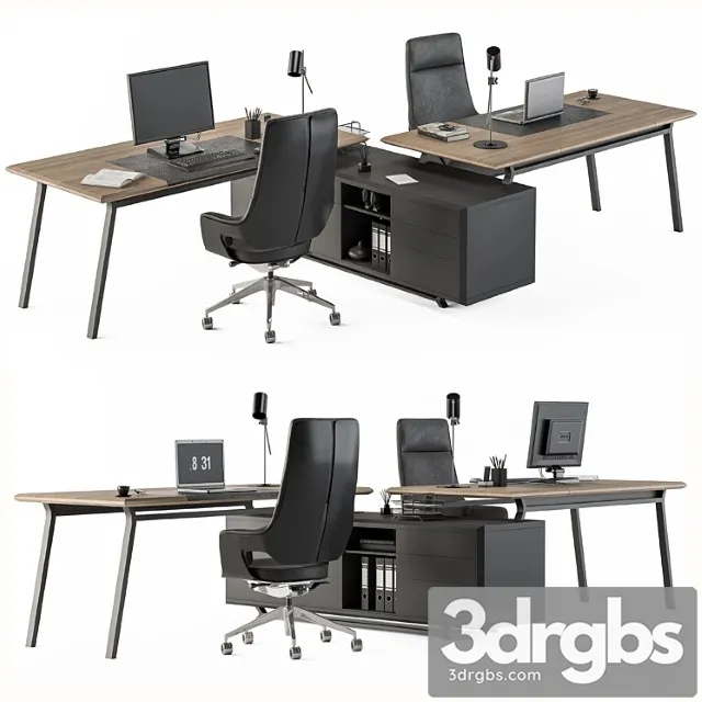 Employee Set Wood and Black Office Furniture 270 3D Model Free