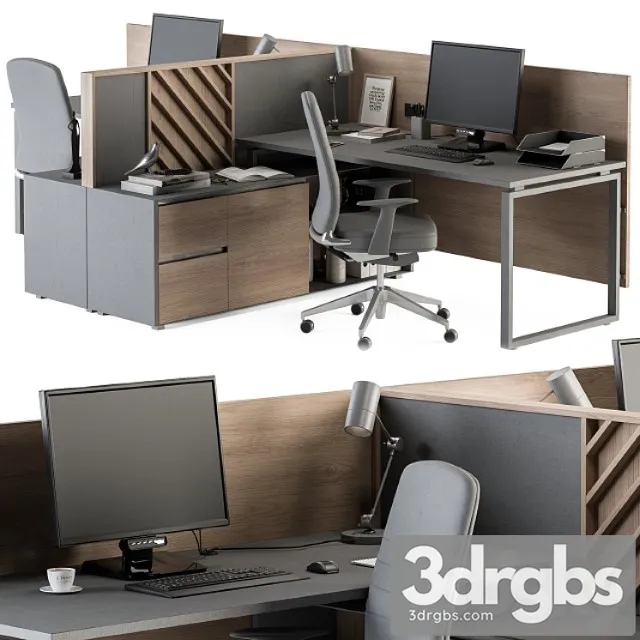 Employee Set Wood and Gray Office Furniture 250 3D Model Free