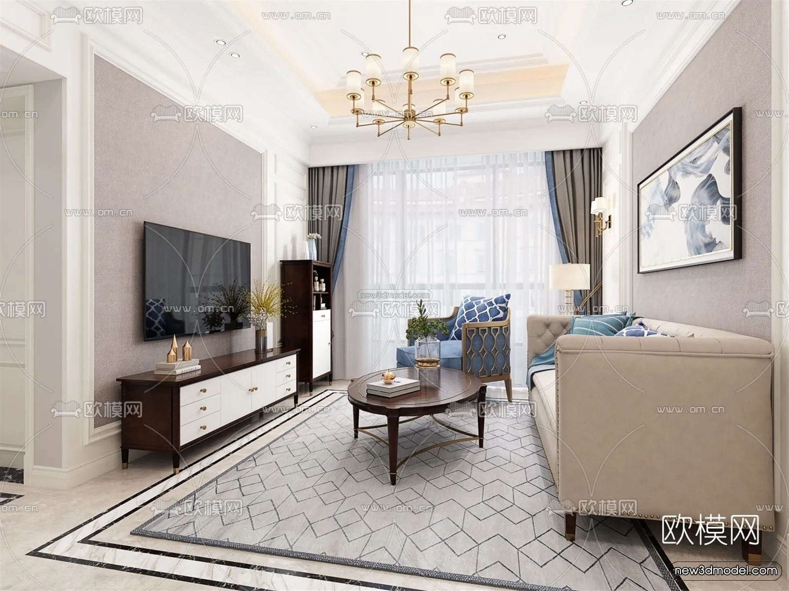 Europe Style Interior 3D Blocks - Living Room 3D Model - 033