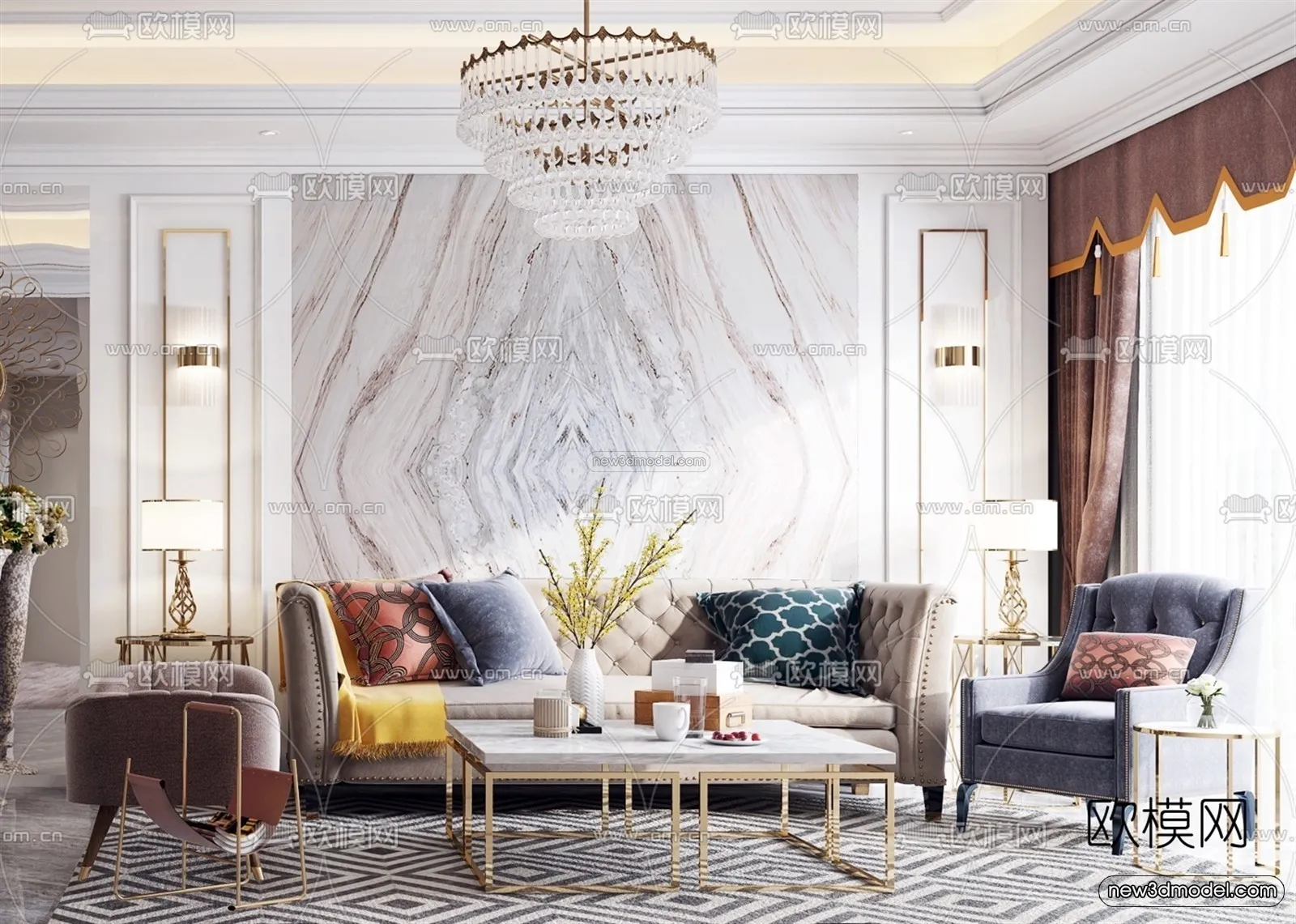 Europe Style Interior 3D Blocks - Living Room 3D Model - 040