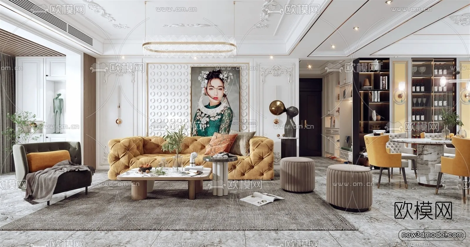 Europe Style Interior 3D Blocks - Living Room 3D Model - 083