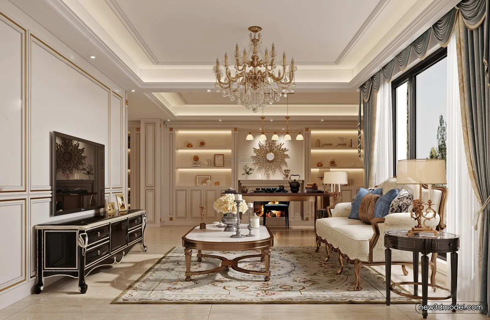 Europe Style Interior 3D Blocks - Living Room 3D Model - 090