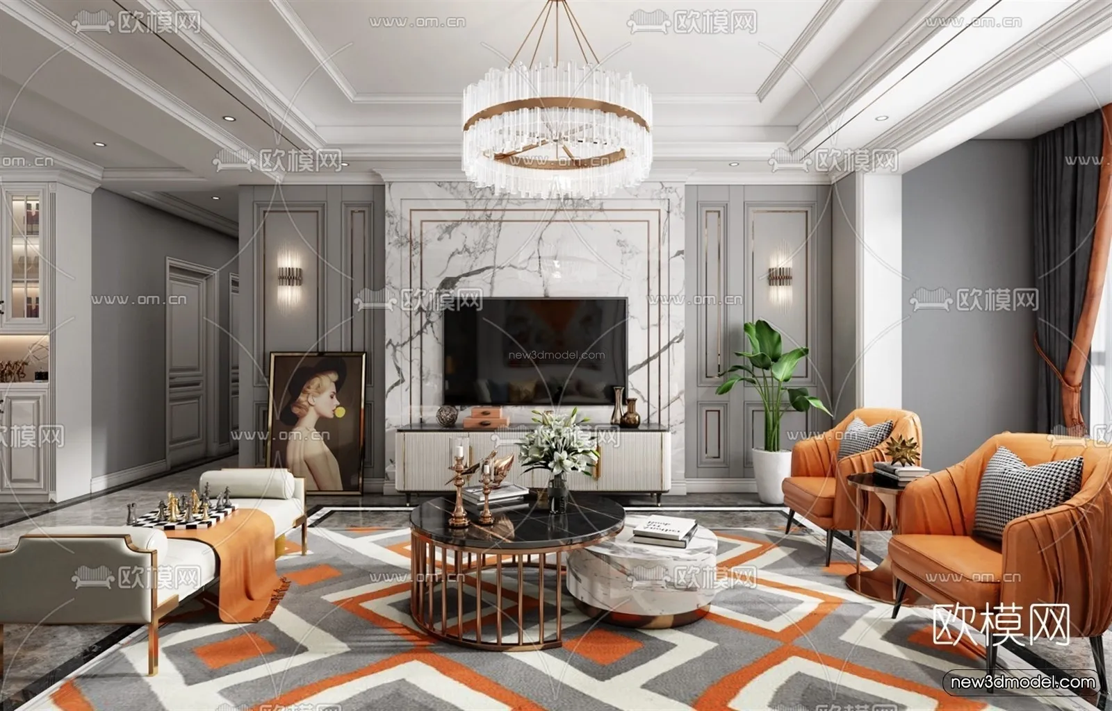 Europe Style Interior 3D Blocks - Living Room 3D Model - 155