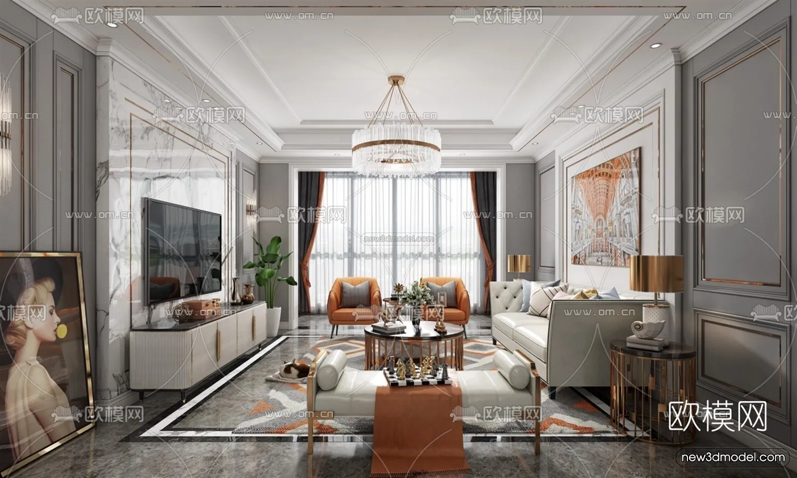 Europe Style Interior 3D Blocks - Living Room 3D Model - 156