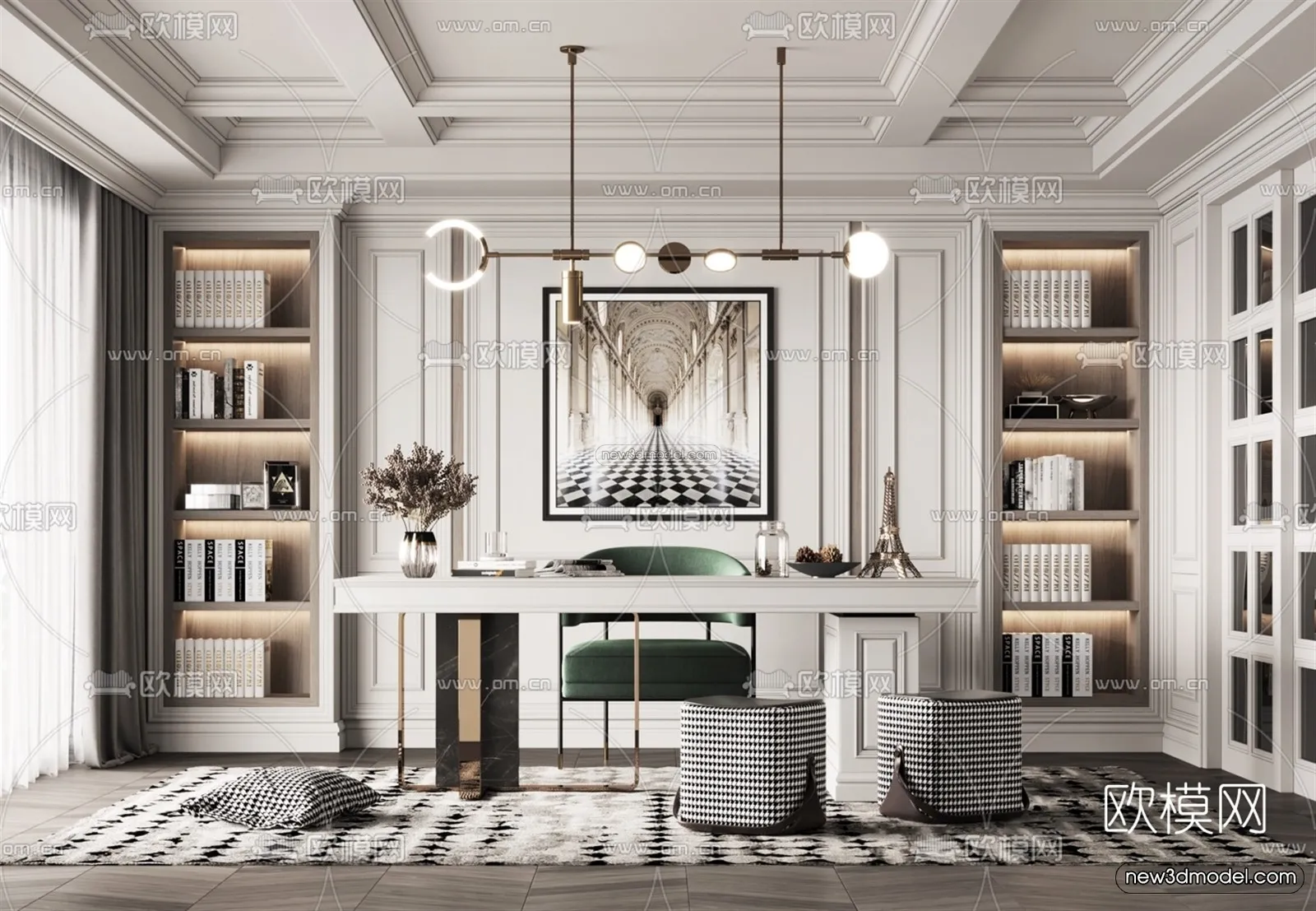 Europe Style Interior 3D Blocks - Study Room 3D Model - 336