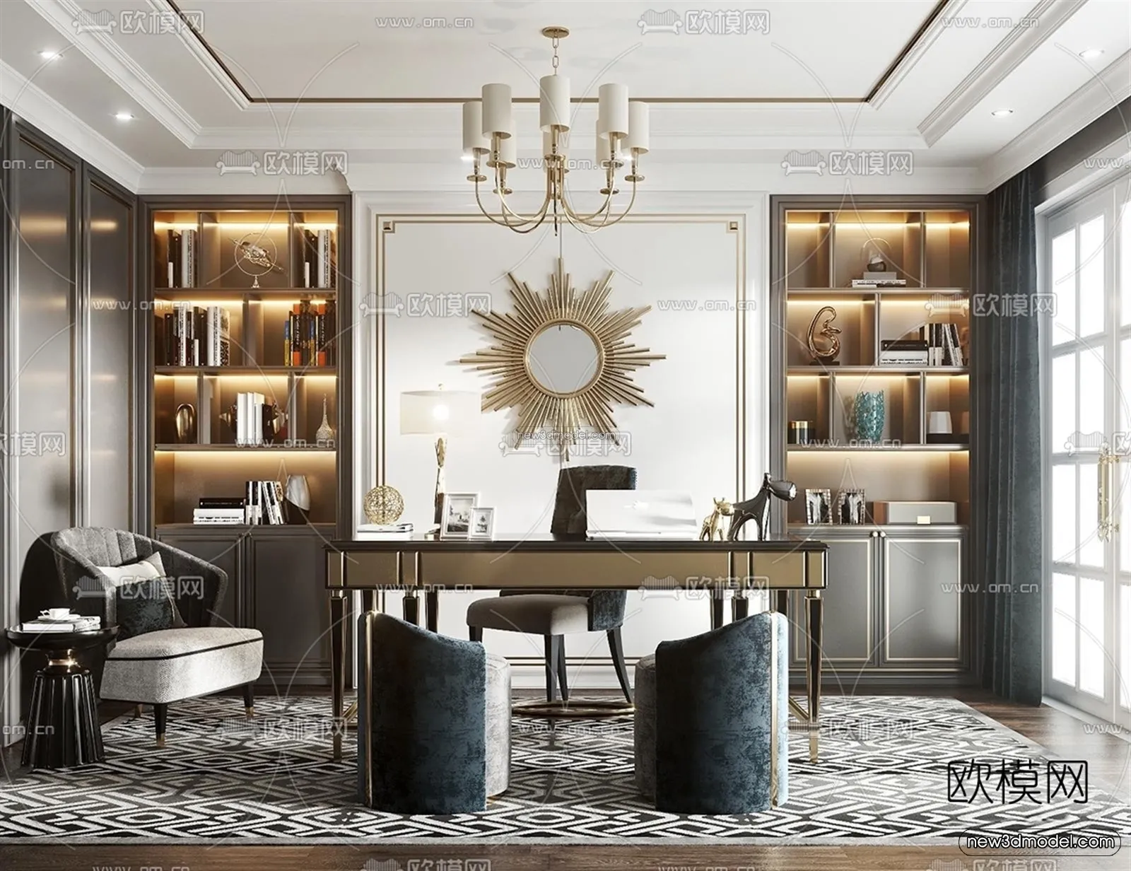 Europe Style Interior 3D Blocks - Study Room 3D Model - 337