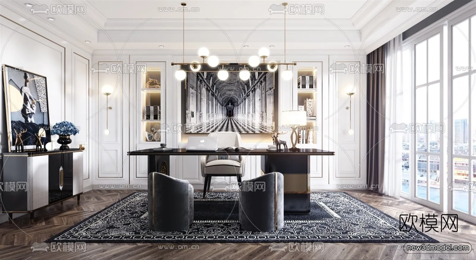 Europe Style Interior 3D Blocks - Study Room 3D Model - 338