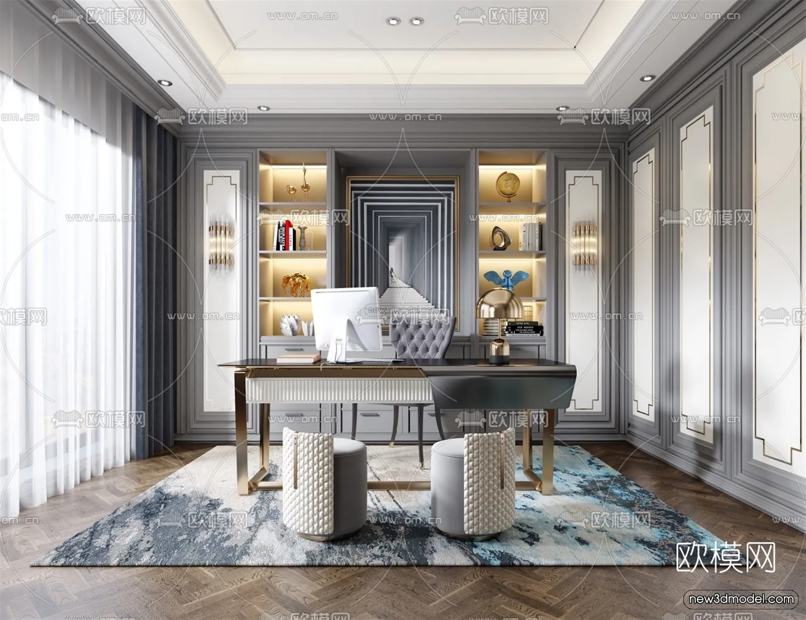 Europe Style Interior 3D Blocks - Study Room 3D Model - 339