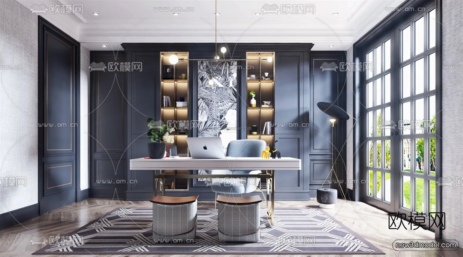 Europe Style Interior 3D Blocks - Study Room 3D Model - 340