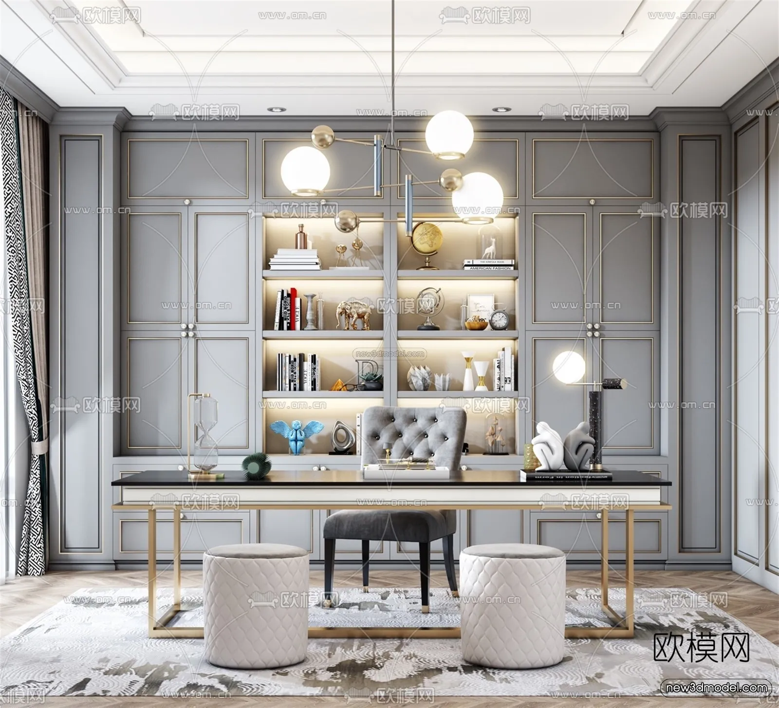 Europe Style Interior 3D Blocks - Study Room 3D Model - 344