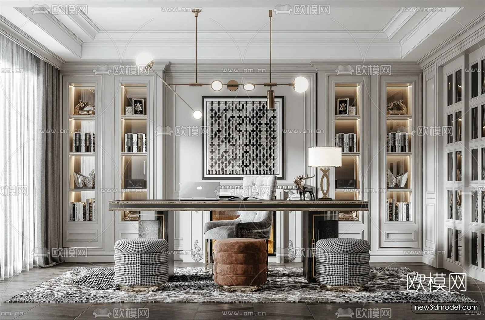 Europe Style Interior 3D Blocks - Study Room 3D Model - 346