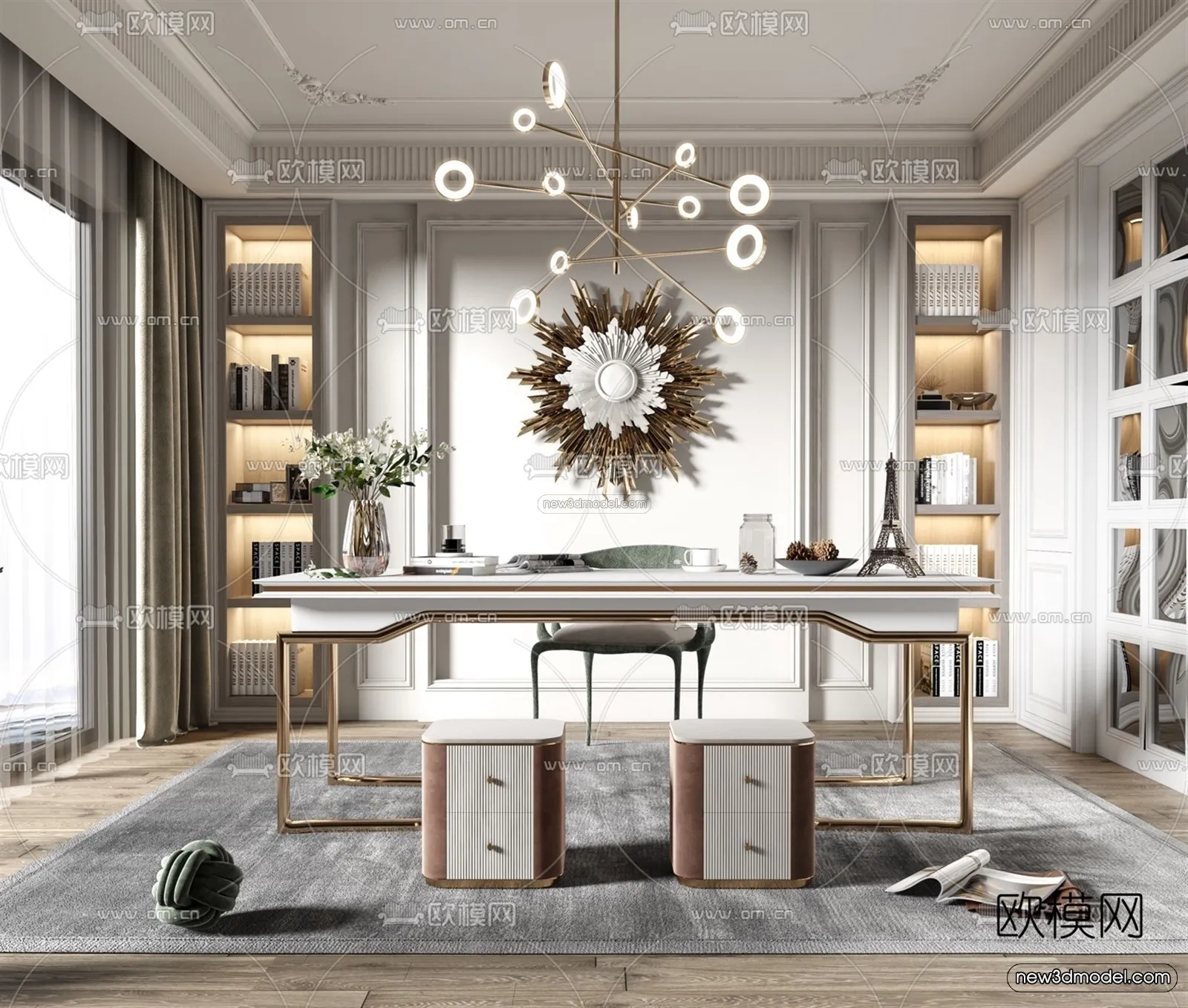 Europe Style Interior 3D Blocks - Study Room 3D Model - 353