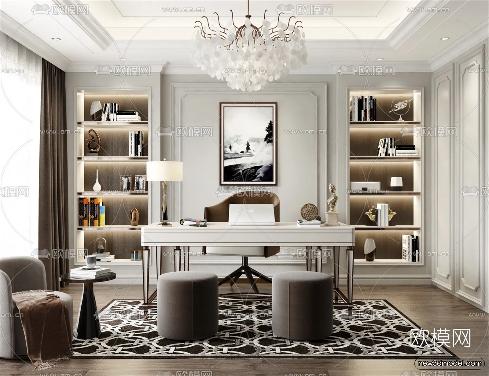 Europe Style Interior 3D Blocks - Study Room 3D Model - 354