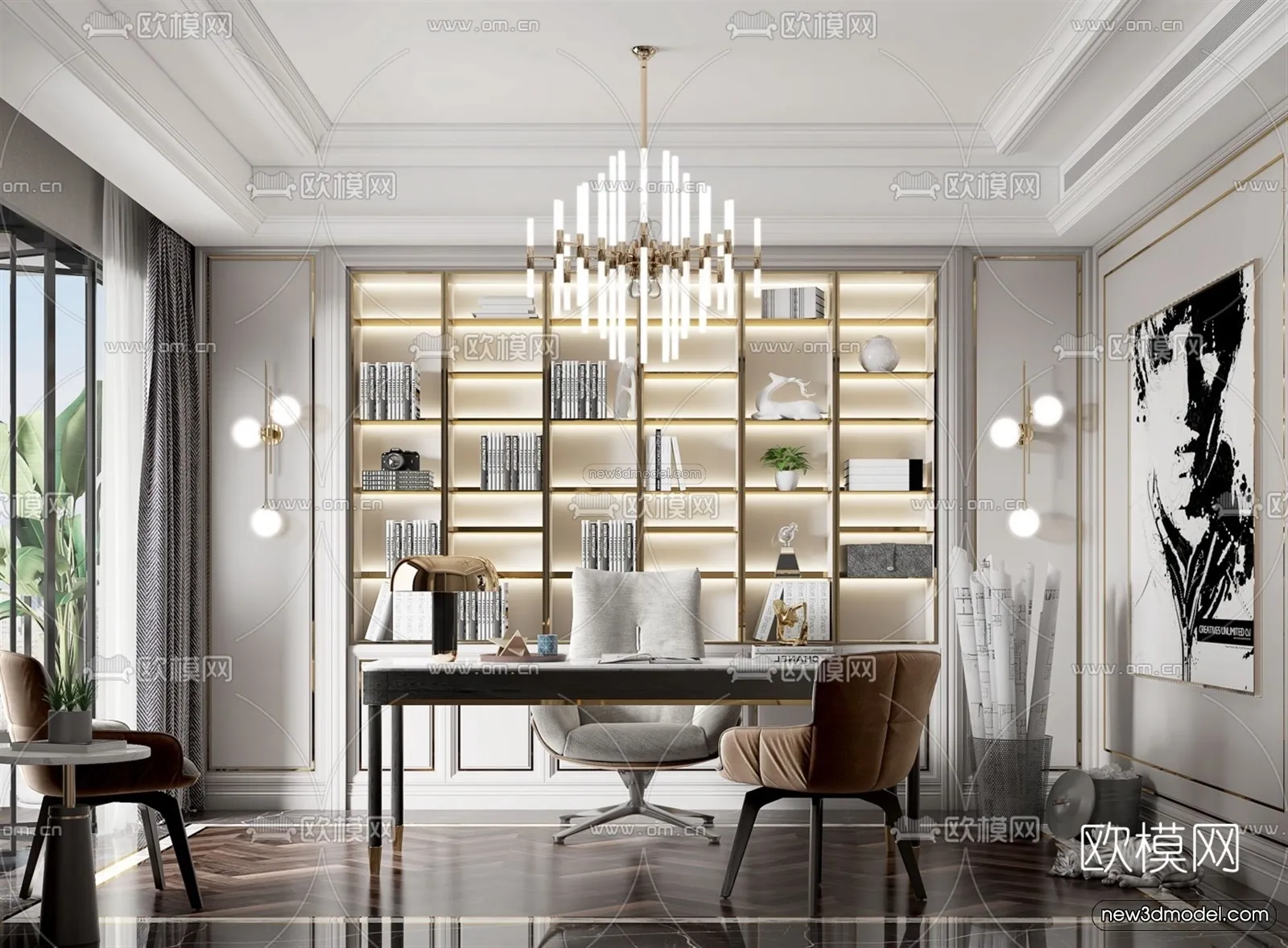 Europe Style Interior 3D Blocks - Study Room 3D Model - 356