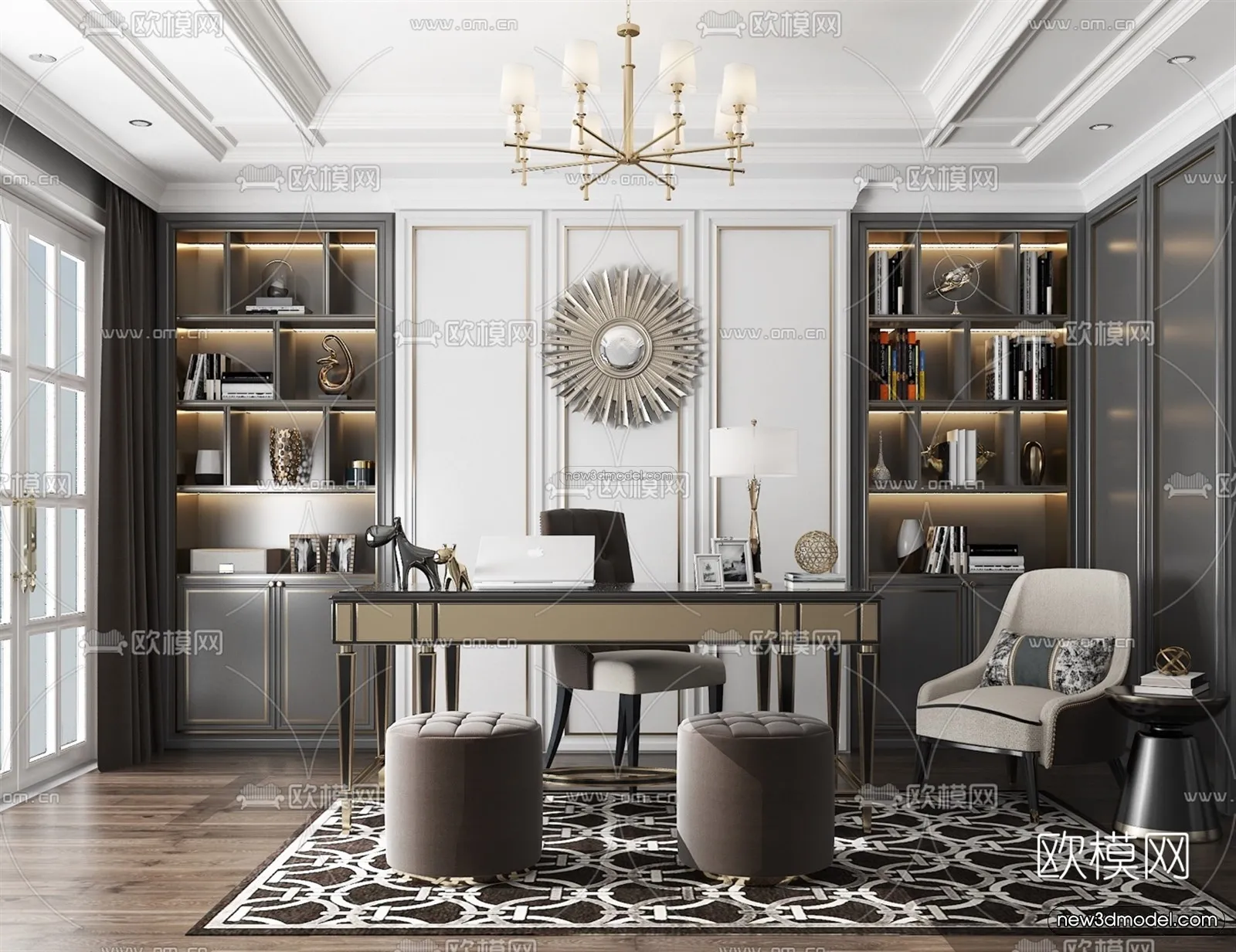 Europe Style Interior 3D Blocks - Study Room 3D Model - 357