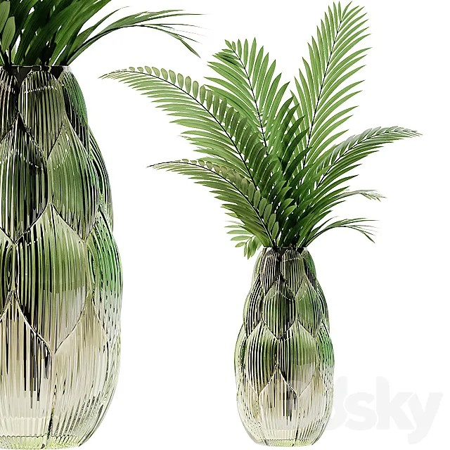 Exotic glass vase with Howea plants 3D Model