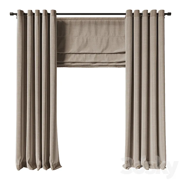 Eyelet curtain with roman shade 3D Model Free