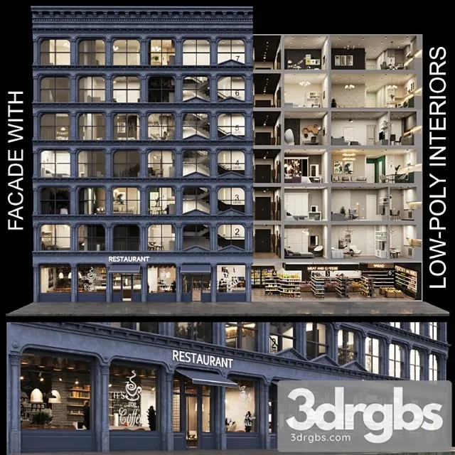 Facade With 20 Residential And Public Low Poly Interiors 3D Model Download