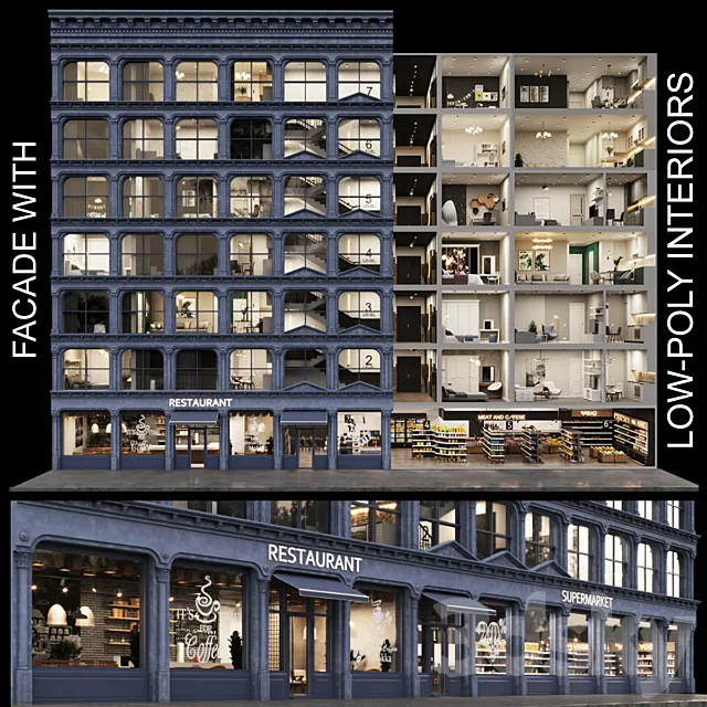 Facade with 20 residential and public low-poly interiors 3D Model