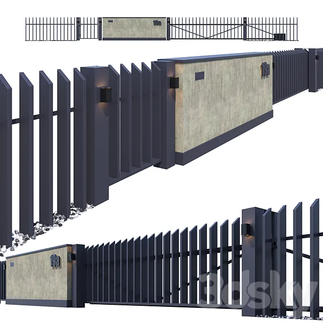 Fence with sliding gates 3D Model