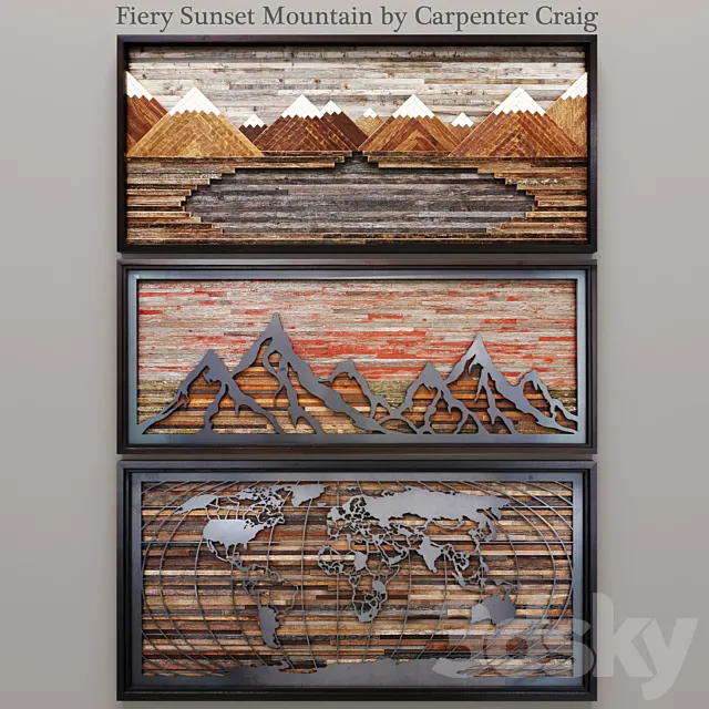 Fiery Sunset Mountain by Carpenter Craig set of paintings panels mountains wall decor wooden slats boards world map 3D Model