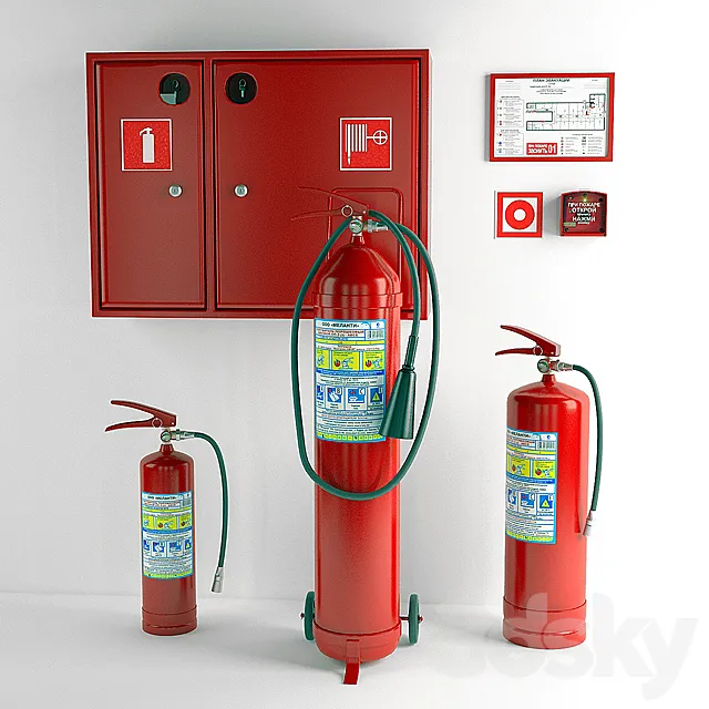 Fire extinguishers and fire cabinet 3D Model