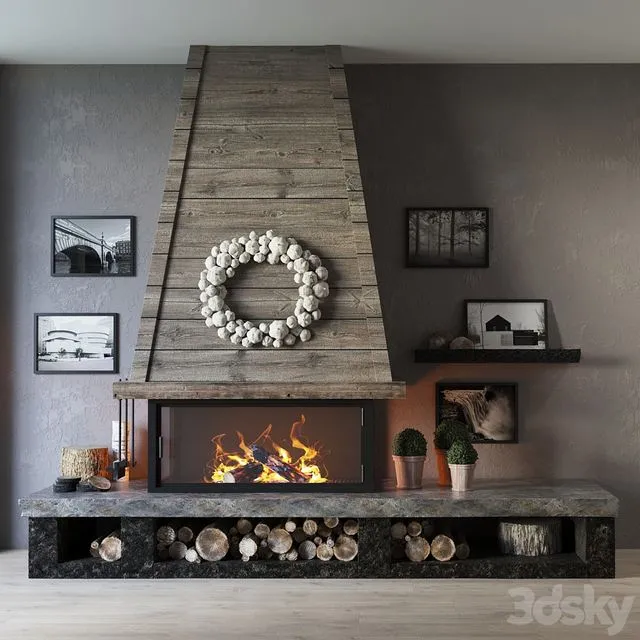 Fireplace paintings shelf rock tree greens log house 3D Model