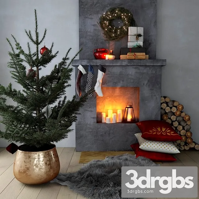 Fireplace with christmas decor 3D Model Free