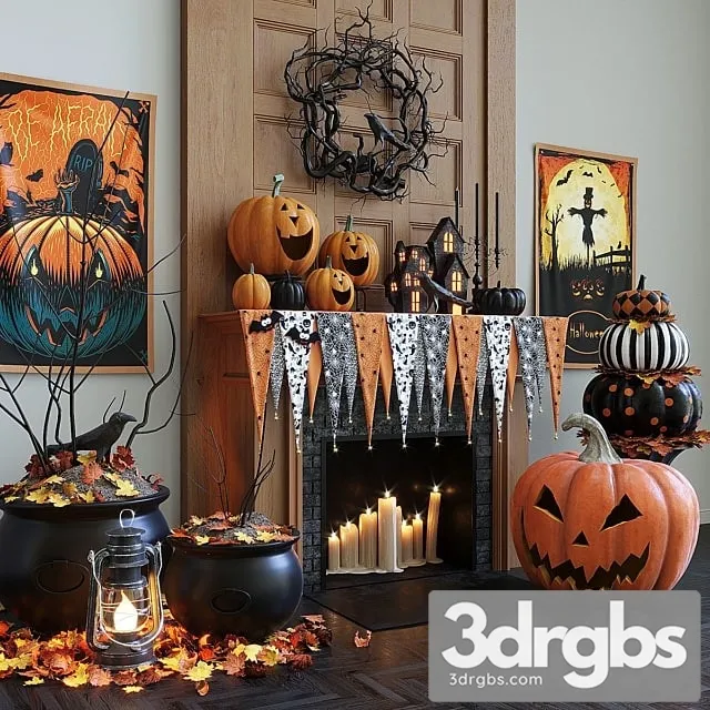 Fireplace With Halloween Decor 3D Model Free