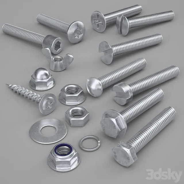 Fixing nuts screws bolts washers screws 3D Model