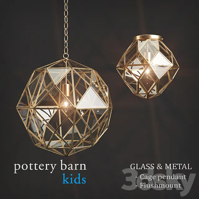 Fixtures Pottery Barn Kids Glass & Metal Cage Pendant _ Flushmount 3D Model