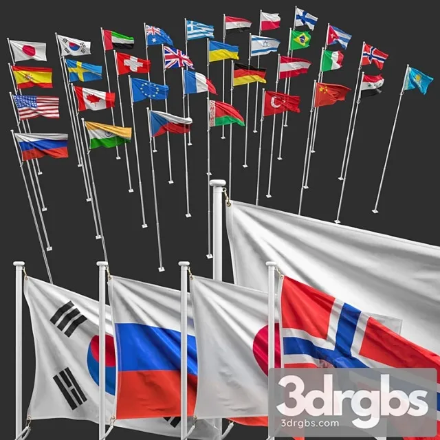 Flags Of The Countries Of The World 8 Flagpoles 32 Flags 3D Model Free