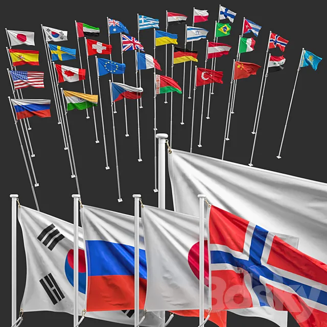 Flags of the countries of the world (8 flagpoles 32 flags) 3D Model