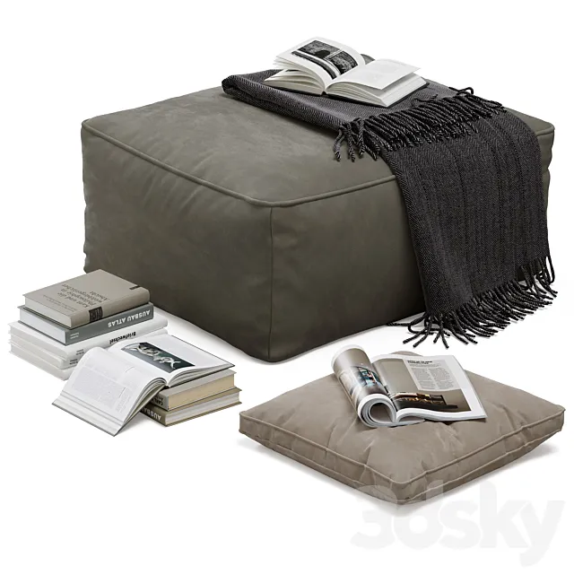 Floor decor set 001 with pouf and books 3DModel