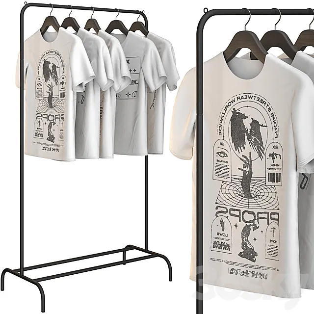 Floor hanger with white t-shirts 3D Model