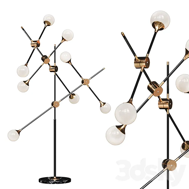Floor lamp Baton FLOR LAMP black _ gold 8 white milk shades 3D Model