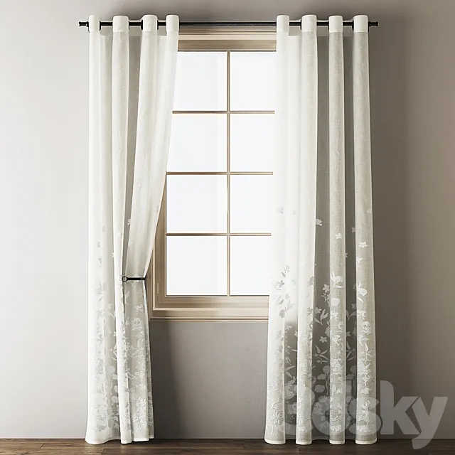 Floral Embroidered Linen Eyelet Curtains 3D Model