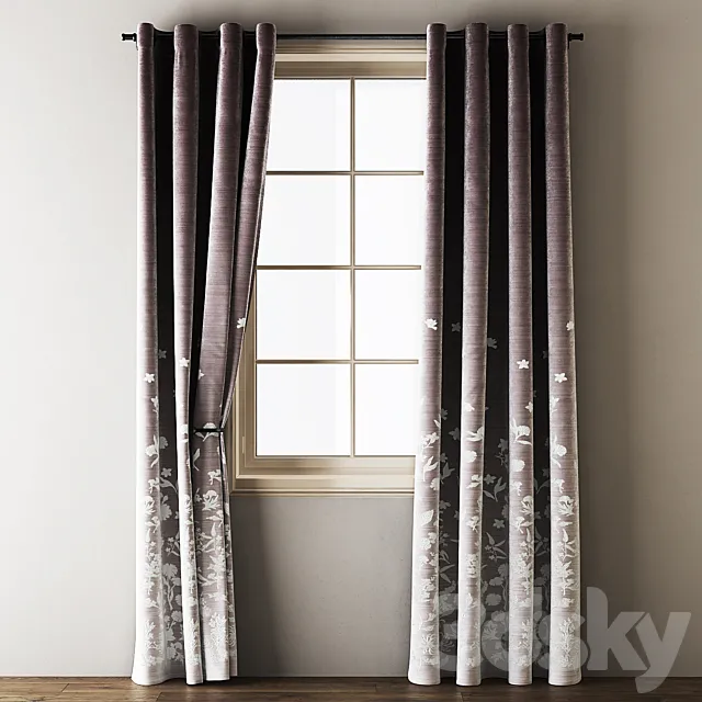 Floral Embroidered Velvet Eyelet Curtains 3DModel