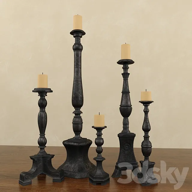 Florentine Carved Wood Candlesticks Black 3D Model