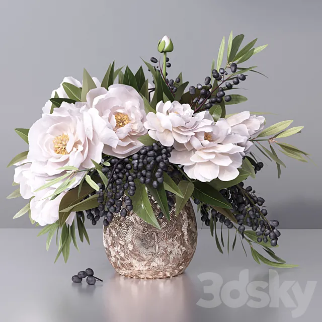 Flower Arrangement- peony grape leaf twig vase 3DModel