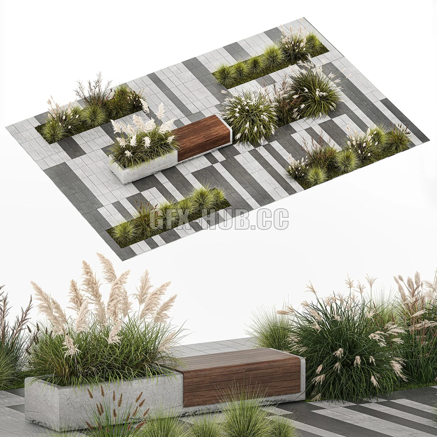 Flower bed with feather grass bushes and bench paving slabs 1147 3D Model