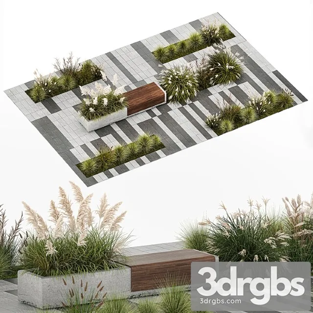 Flower bed with feather grass bushes miscanthus cortaderia and white pampas grass bench and bench paving slabs. 1147. 3D Model Free