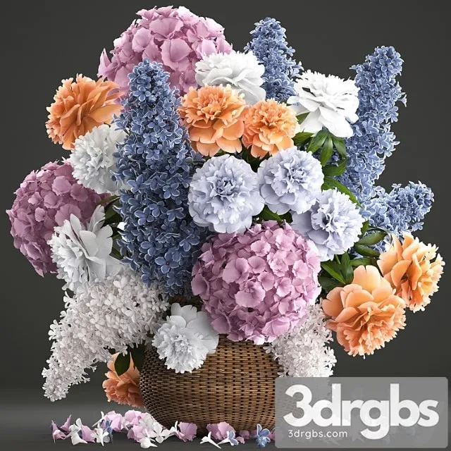 Flower Bouquet 84 Lilac Hydrangea Basket Decor Peonies Eco Design Natural Decor Table Decoration 3D Model Free