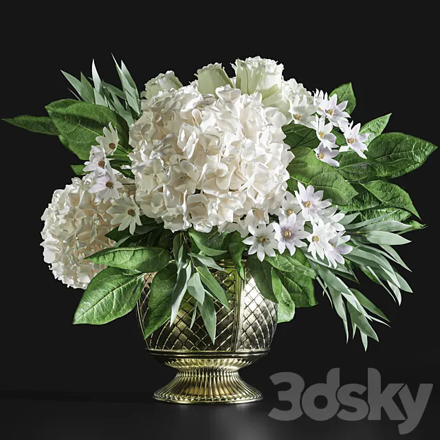 Flower Set 043 white hydrangea gold vase 3DModel