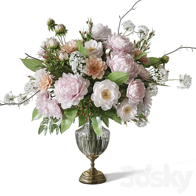 Flower Set 071 peonies gold crystal vase Free Download
