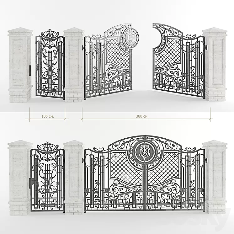 Forged gate with a gate and pillars 3D Model